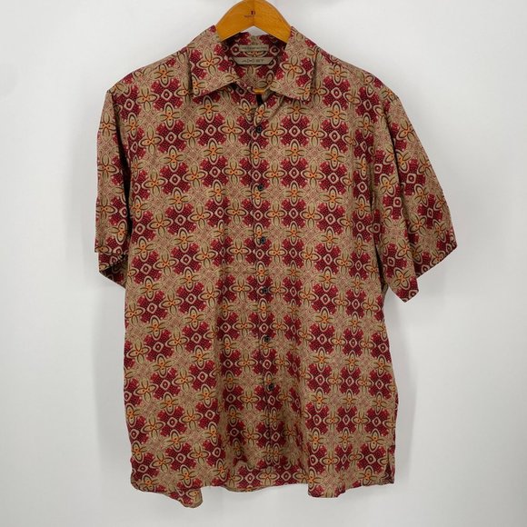 Vintage Mens AXIST Linen Hawaiian Shirt / Brown Red & Orange Wood Block Design L - Picture 2 of 7